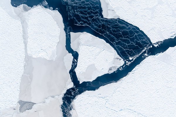 The wind has opened a lead between ice floes. As the white streaks reveal, the water surface is freezing again immediately. The streaks occur when the wind drifts loose ice crystals. (Photo: IceCam/Stefan Hendricks, AWI)