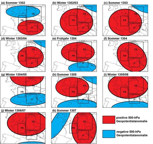 Probable constellations of high- (red) and low-pressure (blue) anomalies over Europe which can explain the weather patterns reconstructed from the historical sources. Source: Patric Seifert, TROPOS